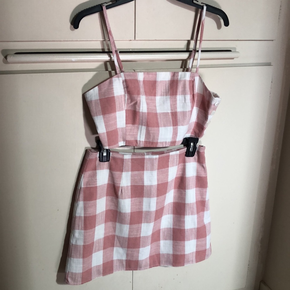 🆕💖🤍2pc Skirt Set! Cropped! Pink/white check! Lined! Woven! Medium